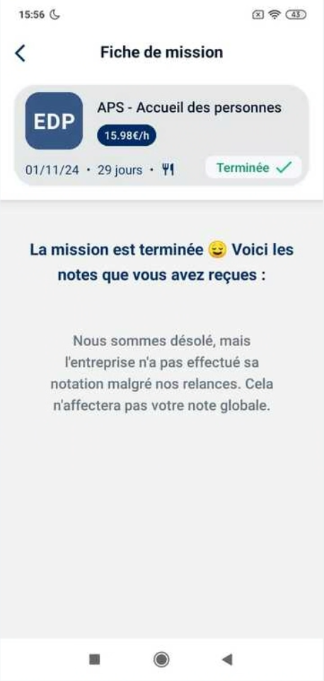 Écran de notation d'une mission avec les 6 questions et le système d'étoiles pour évaluer chaque question